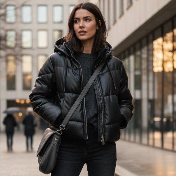 ZARA Faux Leather Puffer Jacket Black Hooded Zip Front Women’s Small - Picture 1 of 13